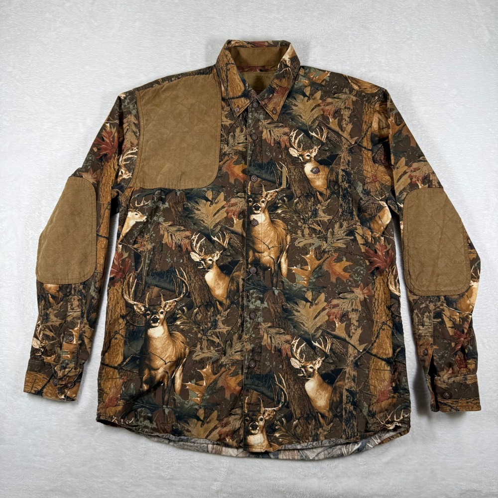 Clearwater Outfitters Mens Deer Camo Shooting Shirt Brown Suede Patches Medium